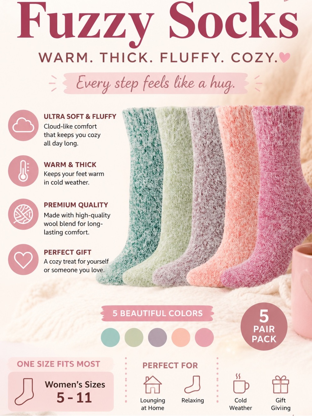 Amazon Women's Fuzzy Socks 5-Pair Pack - Mint Green, Sage, Lavender, Peach, Rose